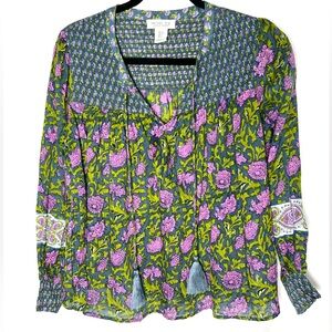 Rachel Zoe Floral Mixed Pattern Long Sleeve Blouse - Green and Purple